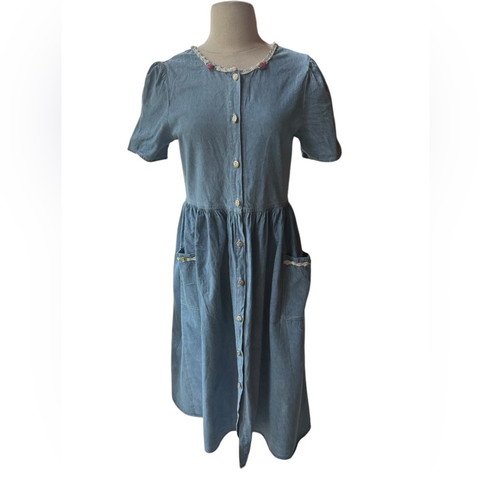 Vintage You Babes Floral Knit Trim Rick Rack Front Button Down Chambray Dress